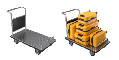 Beyaz arka planda bagajları taşımak için normal polikarbonat valiz seti. 3D seyahat konsepti. Tatil ve bagaj taşımacılığı.