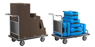 Bavulları ve kutuları beyaz arka planda taşımak için havaalanı tramvayına koyun. 3D seyahat konsepti. Tatil ve bagaj taşımacılığı.