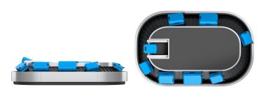 Havalimanı bagaj bandı ya da bagaj teslim alanı beyaz arka planda bavullarla dolu. Seyahat tatil konseptinin 3D sunucusu.