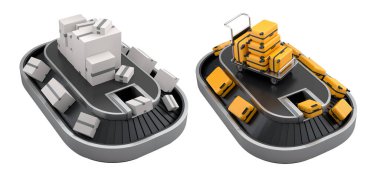 Havalimanı bagaj bandı ya da bagaj teslim alanı beyaz arka planda bavullarla dolu. Seyahat tatil konseptinin 3D sunucusu.