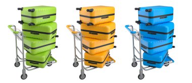 Beyaz arka planda bagajları taşımak için normal polikarbonat valiz seti. 3D seyahat konsepti. Tatil ve bagaj taşımacılığı.