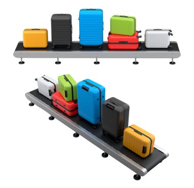 Havalimanı bagaj taşıma bandı, üretim hattı ya da bavulları beyaz arka planda olan bagaj teslim alanı. Seyahat tatil konseptinin 3D sunucusu.