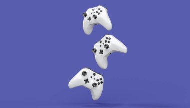 Gerçekçi beyaz video oyunu joystickleri ya da menekşe arka planda oyun pedleri. Bulut oyunu ve oyun alanı çalışma alanı konsepti için 3 boyutlu görüntüleme