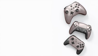 Gerçekçi renkli video oyunu joystickleri ya da beyaz arka planda renk düğmeleri olan gamepad 'ler. Bulut oyunu ve oyun alanı çalışma alanı konsepti için 3 boyutlu görüntüleme