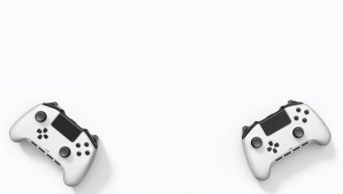 Gerçekçi renkli video oyunu joystickleri ya da beyaz arka planda renk düğmeleri olan gamepad 'ler. Bulut oyunu ve oyun alanı çalışma alanı konsepti için 3 boyutlu görüntüleme