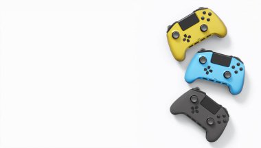 Gerçekçi renkli video oyunu joystickleri ya da beyaz arka planda renk düğmeleri olan gamepad 'ler. Bulut oyunu ve oyun alanı çalışma alanı konsepti için 3 boyutlu görüntüleme