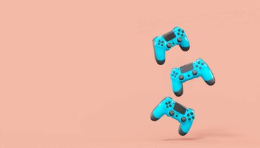 Pembe arka planda gerçekçi mavi oyun joystickleri veya oyun pedleri. Bulut oyunu ve oyun alanı çalışma alanı konsepti için 3 boyutlu görüntüleme