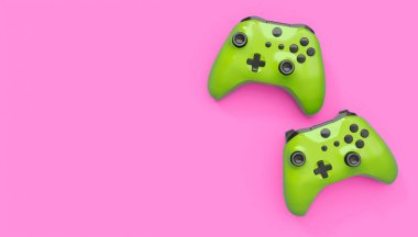 Gerçekçi mavi gök mavisi video oyunu joystickleri ya da pembe arka planda oyun pedleri. Bulut oyunu ve oyun alanı çalışma alanı konsepti için 3 boyutlu görüntüleme