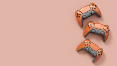 Kırmızı arka planda gerçekçi kırmızı video oyunu joystickleri ya da oyun pedleri. Bulut oyunu ve oyun alanı çalışma alanı konsepti için 3 boyutlu görüntüleme