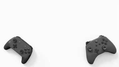 Gerçekçi renkli video oyunu joystickleri ya da beyaz arka planda renk düğmeleri olan gamepad 'ler. Bulut oyunu ve oyun alanı çalışma alanı konsepti için 3 boyutlu görüntüleme