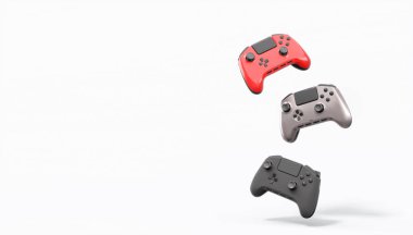 Gerçekçi renkli video oyunu joystickleri ya da beyaz arka planda renk düğmeleri olan gamepad 'ler. Bulut oyunu ve oyun alanı çalışma alanı konsepti için 3 boyutlu görüntüleme