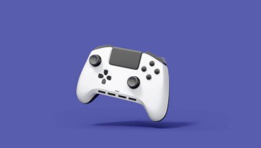 Gerçekçi beyaz video oyunu joystick 'i ya da menekşe arka planda oyun platformu. Bulut oyunu ve oyun alanı çalışma alanı konsepti için 3 boyutlu görüntüleme