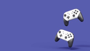 Gerçekçi beyaz video oyunu joystickleri ya da menekşe arka planda oyun pedleri. Bulut oyunu ve oyun alanı çalışma alanı konsepti için 3 boyutlu görüntüleme