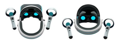 Beyaz arka planda kırpma yolu ile izole edilmiş kontrol cihazları ile sanal gerçeklik gözlükleri ve kulaklıkları. Kullanıcılar için oyun deneyimlerini geliştiren 3B tasarım