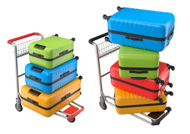 Beyaz arka planda bagajları taşımak için normal polikarbonat valiz seti. 3D seyahat konsepti. Tatil ve bagaj taşımacılığı.