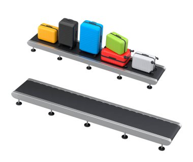 Havalimanı bagaj taşıma bandı, üretim hattı ya da bavulları beyaz arka planda olan bagaj teslim alanı. Seyahat tatil konseptinin 3D sunucusu.