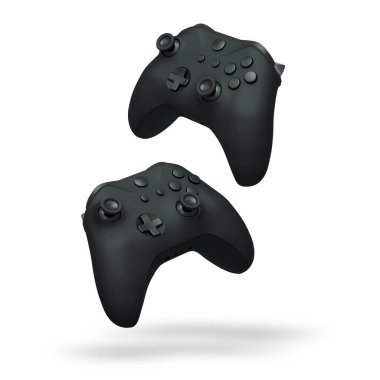 Havada uçan kablosuz oyun kontrolörleri kırpma yolu ile beyaz arka planda izole edilmiş, oyun teknolojisi konseptini sembolize ediyor.