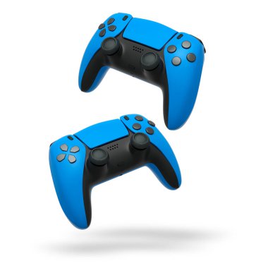 Havada uçan kablosuz oyun kontrolörleri kırpma yolu ile beyaz arka planda izole edilmiş, oyun teknolojisi konseptini sembolize ediyor.