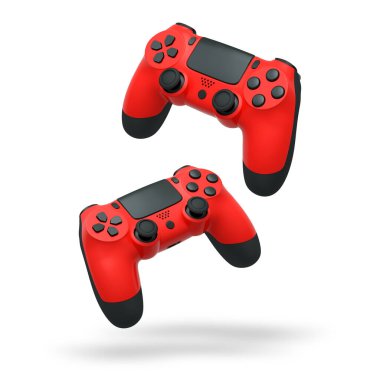 Havada uçan kablosuz oyun kontrolörleri kırpma yolu ile beyaz arka planda izole edilmiş, oyun teknolojisi konseptini sembolize ediyor.