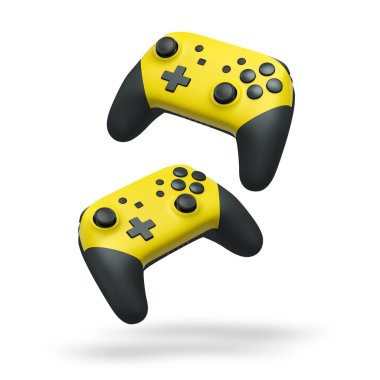 Havada uçan kablosuz oyun kontrolörleri kırpma yolu ile beyaz arka planda izole edilmiş, oyun teknolojisi konseptini sembolize ediyor.