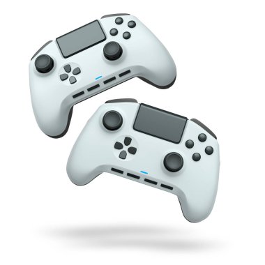 Havada uçan kablosuz oyun kontrolörleri kırpma yolu ile beyaz arka planda izole edilmiş, oyun teknolojisi konseptini sembolize ediyor.
