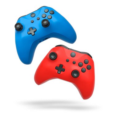 Havada uçan kablosuz oyun kontrolörleri kırpma yolu ile beyaz arka planda izole edilmiş, oyun teknolojisi konseptini sembolize ediyor.