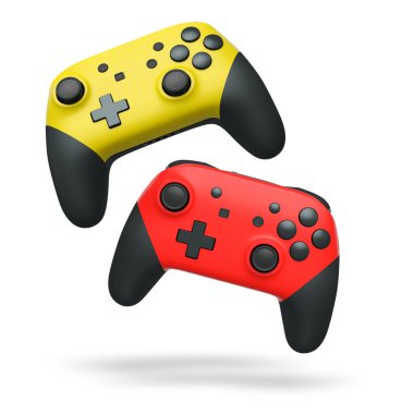 Havada uçan kablosuz oyun kontrolörleri kırpma yolu ile beyaz arka planda izole edilmiş, oyun teknolojisi konseptini sembolize ediyor.