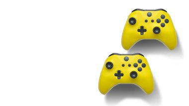 Havada uçan kablosuz oyun kontrolörleri kırpma yolu ile beyaz arka planda izole edilmiş, oyun teknolojisi konseptini sembolize ediyor.