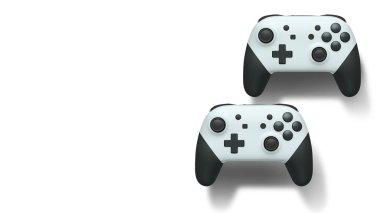 Havada uçan kablosuz oyun kontrolörleri kırpma yolu ile beyaz arka planda izole edilmiş, oyun teknolojisi konseptini sembolize ediyor.