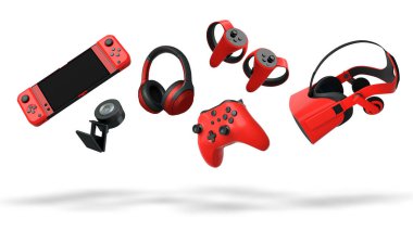 Floating gaming accessories like keyboard, mouse, controller, headset and VR goggles isolated on white background with clipping path. Concept of immersive gaming