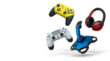 Floating gaming accessories like controllers, joystick, and headphones isolated on white background with clipping path, concept of gaming