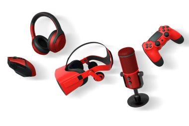 Kulaklık, VR kulaklık, mikrofon, fare ve denetleyici gibi oyun aksesuarları kırpma yolu ile beyaz arka planda izole edilmiş, oyun teknolojisi kavramı