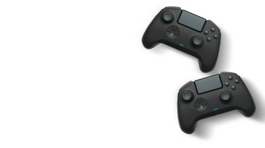 Havada uçan kablosuz oyun kontrolörleri kırpma yolu ile beyaz arka planda izole edilmiş, oyun teknolojisi konseptini sembolize ediyor.