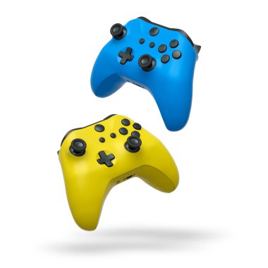 Havada uçan kablosuz oyun kontrolörleri kırpma yolu ile beyaz arka planda izole edilmiş, oyun teknolojisi konseptini sembolize ediyor.