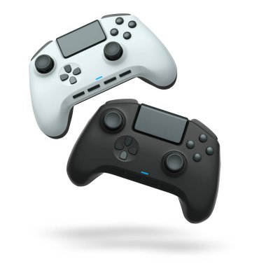 Havada uçan kablosuz oyun kontrolörleri kırpma yolu ile beyaz arka planda izole edilmiş, oyun teknolojisi konseptini sembolize ediyor.