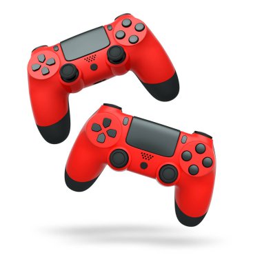 Havada uçan kablosuz oyun kontrolörleri kırpma yolu ile beyaz arka planda izole edilmiş, oyun teknolojisi konseptini sembolize ediyor.