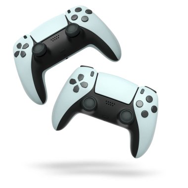 Havada uçan kablosuz oyun kontrolörleri kırpma yolu ile beyaz arka planda izole edilmiş, oyun teknolojisi konseptini sembolize ediyor.