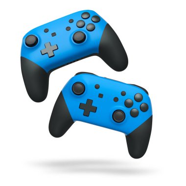 Havada uçan kablosuz oyun kontrolörleri kırpma yolu ile beyaz arka planda izole edilmiş, oyun teknolojisi konseptini sembolize ediyor.