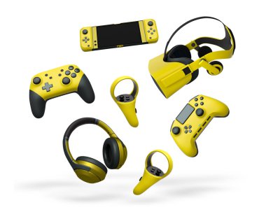 Gaming controllers, VR headset, and headphones isolated on white background with clipping path. Concept of modern gaming and virtual entertainment