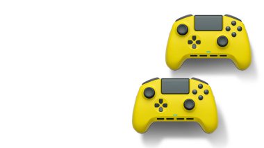 Havada uçan kablosuz oyun kontrolörleri kırpma yolu ile beyaz arka planda izole edilmiş, oyun teknolojisi konseptini sembolize ediyor.