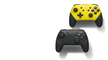 Havada uçan kablosuz oyun kontrolörleri kırpma yolu ile beyaz arka planda izole edilmiş, oyun teknolojisi konseptini sembolize ediyor.