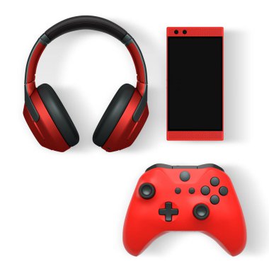 Gaming headset, smartphone, and controller arranged neatly isolated on white background with clipping path. Concept of modern digital entertainment