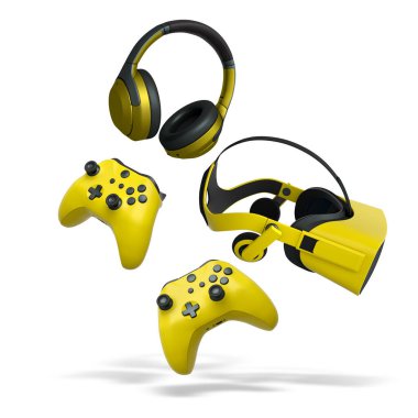 Oyun kontrolörleri, VR kulaklıklar ve kulaklıklar havada süzülüyor, beyaz arka planda izole edilmiş kırpma yolu, modern oyun ve teknoloji aksesuarlarını temsil ediyor.