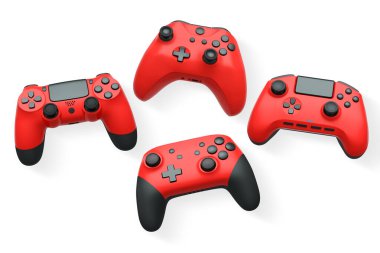 Havada uçan kablosuz oyun kontrolörleri kırpma yolu ile beyaz arka planda izole edilmiş, oyun teknolojisi konseptini sembolize ediyor.