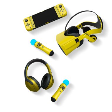 Gaming console, VR headset, wireless headphones, and motion controllers isolated on white background with clipping path, concept of modern entertainment
