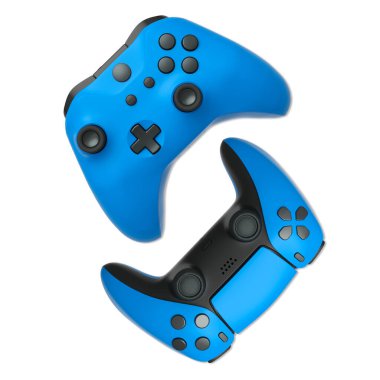 Havada uçan kablosuz oyun kontrolörleri kırpma yolu ile beyaz arka planda izole edilmiş, oyun teknolojisi konseptini sembolize ediyor.