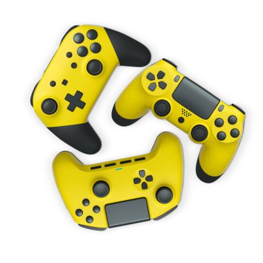 Havada uçan kablosuz oyun kontrolörleri kırpma yolu ile beyaz arka planda izole edilmiş, oyun teknolojisi konseptini sembolize ediyor.