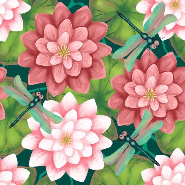 Pembe ve beyaz su zambakları ve yusufçuklar - kusursuz desenler