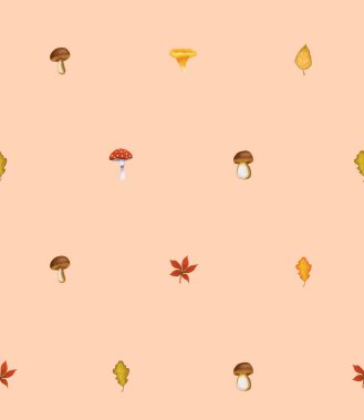 Minimalist Muschrooms and leaves on the peach background - seamless pattern