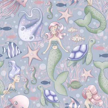 seamless pattern with mermaid, sea animals and fish - blue background clipart